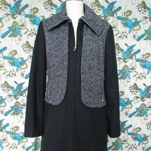 GUESS Black White Wool Blend Zip Front Coat